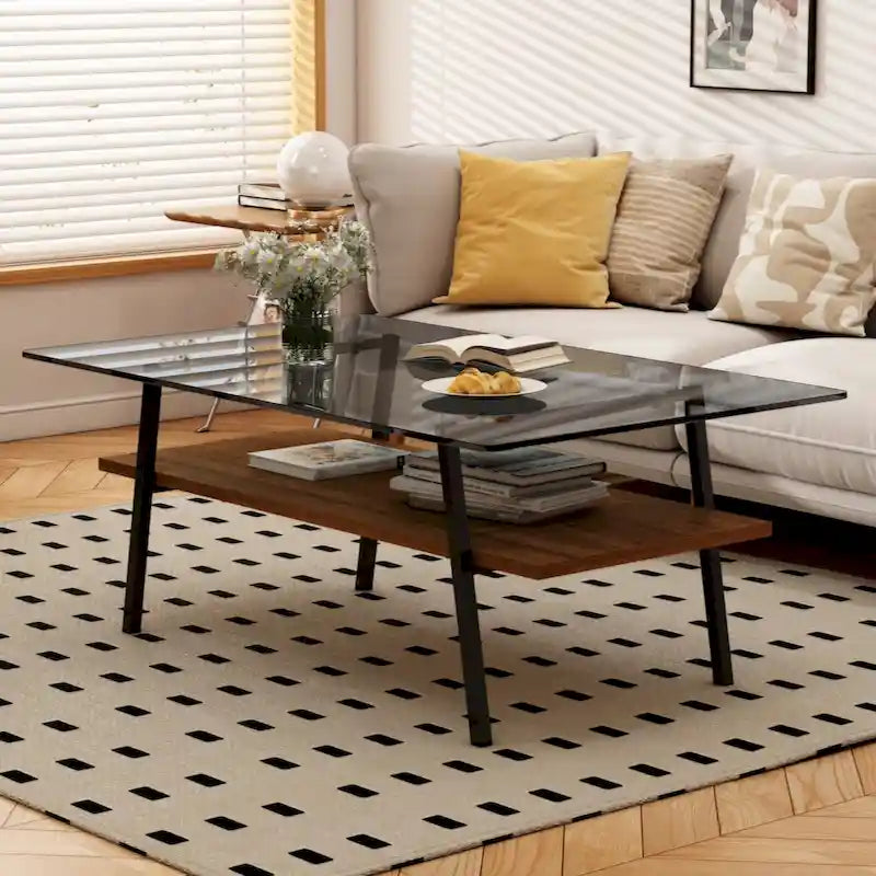 Table basse rectangulaire en verre trempé avec pieds en métal et étagère inférieure en MDF