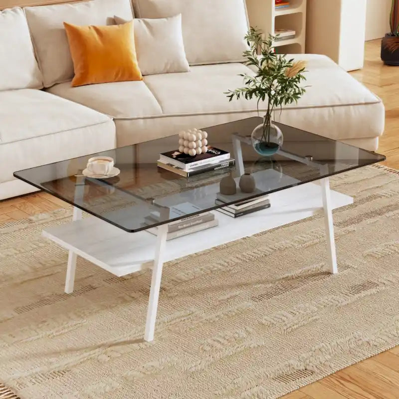 Table basse rectangulaire en verre trempé avec pieds en métal et étagère inférieure en MDF