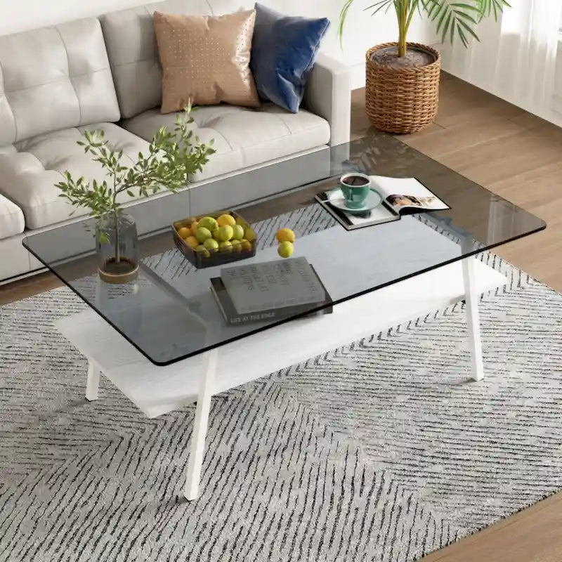 Table basse rectangulaire en verre trempé avec pieds en métal et étagère inférieure en MDF