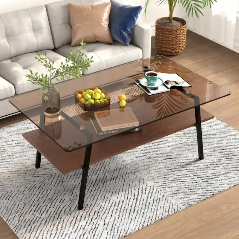 Table basse rectangulaire en verre trempé avec pieds en métal et étagère inférieure en MDF