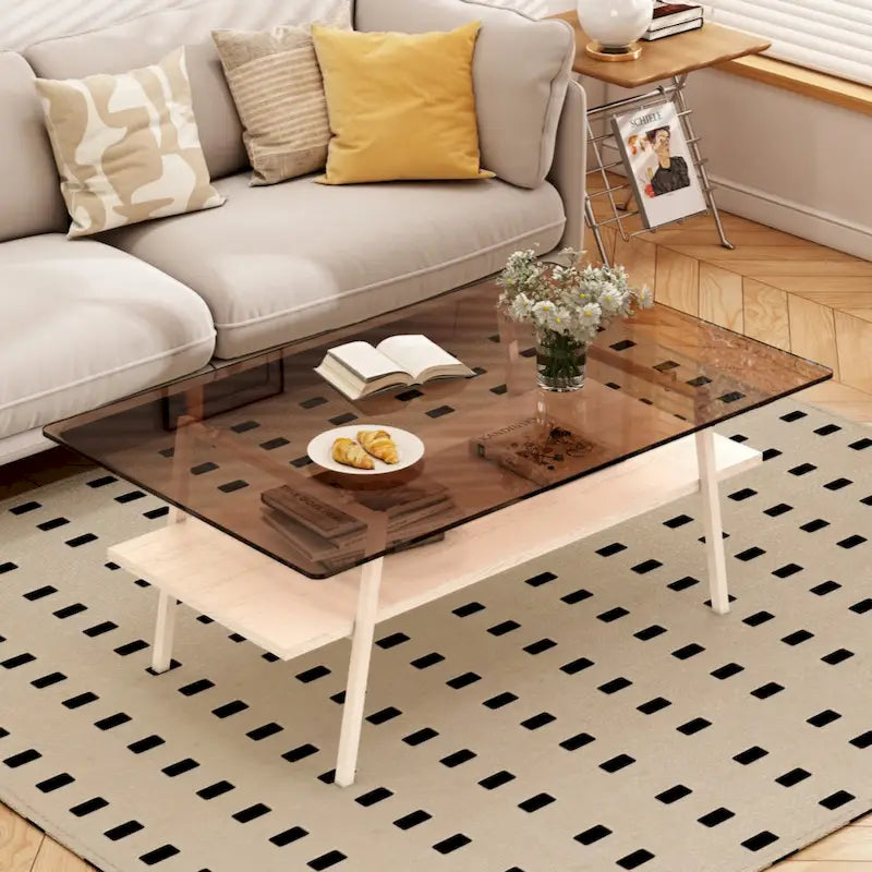 Table basse rectangulaire en verre trempé avec pieds en métal et étagère inférieure en MDF