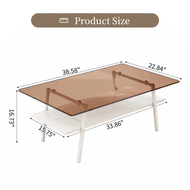 Table basse rectangulaire en verre trempé avec pieds en métal et étagère inférieure en MDF