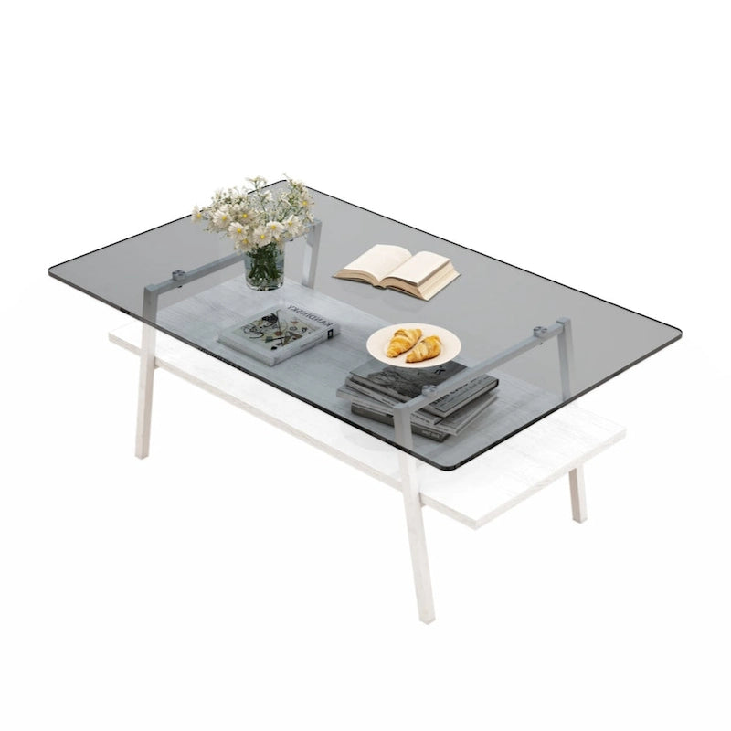 Table basse rectangulaire en verre trempé avec pieds en métal et étagère inférieure en MDF