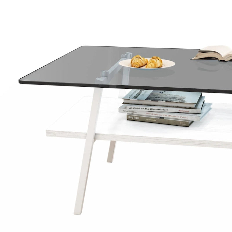 Table basse rectangulaire en verre trempé avec pieds en métal et étagère inférieure en MDF