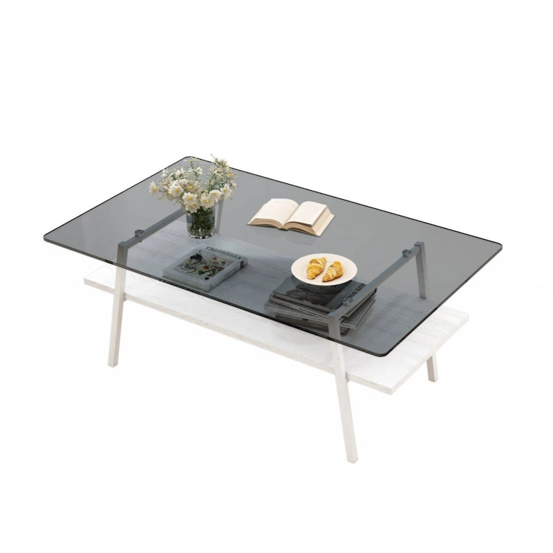 Table basse rectangulaire en verre trempé avec pieds en métal et étagère inférieure en MDF