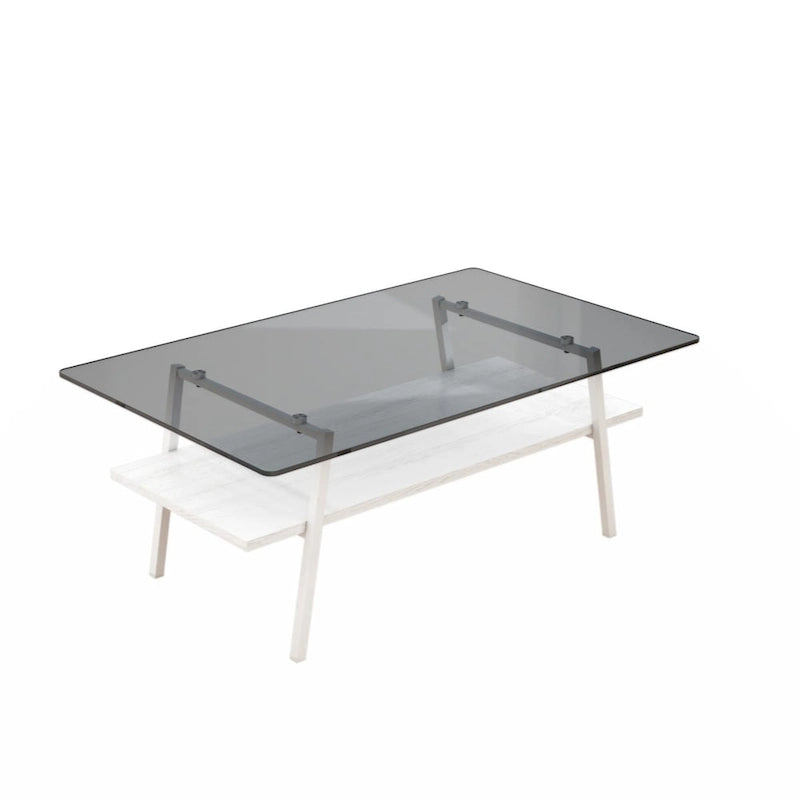 Table basse rectangulaire en verre trempé avec pieds en métal et étagère inférieure en MDF