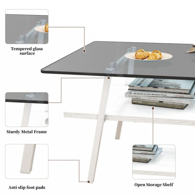 Table basse rectangulaire en verre trempé avec pieds en métal et étagère inférieure en MDF