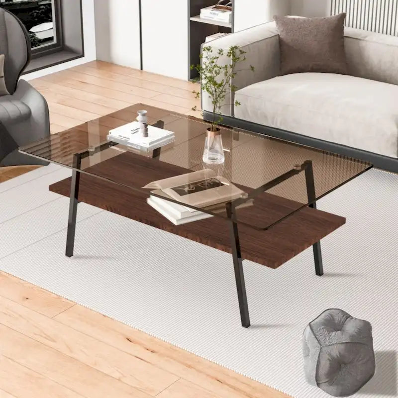 Table basse rectangulaire en verre trempé avec pieds en métal et étagère inférieure en MDF