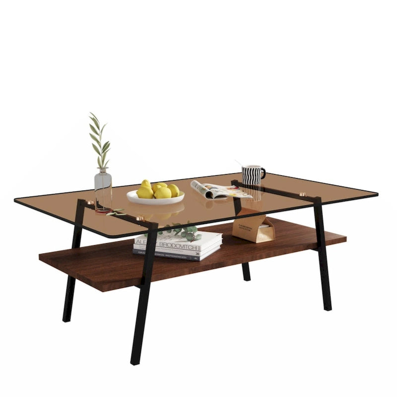Table basse rectangulaire en verre trempé avec pieds en métal et étagère inférieure en MDF