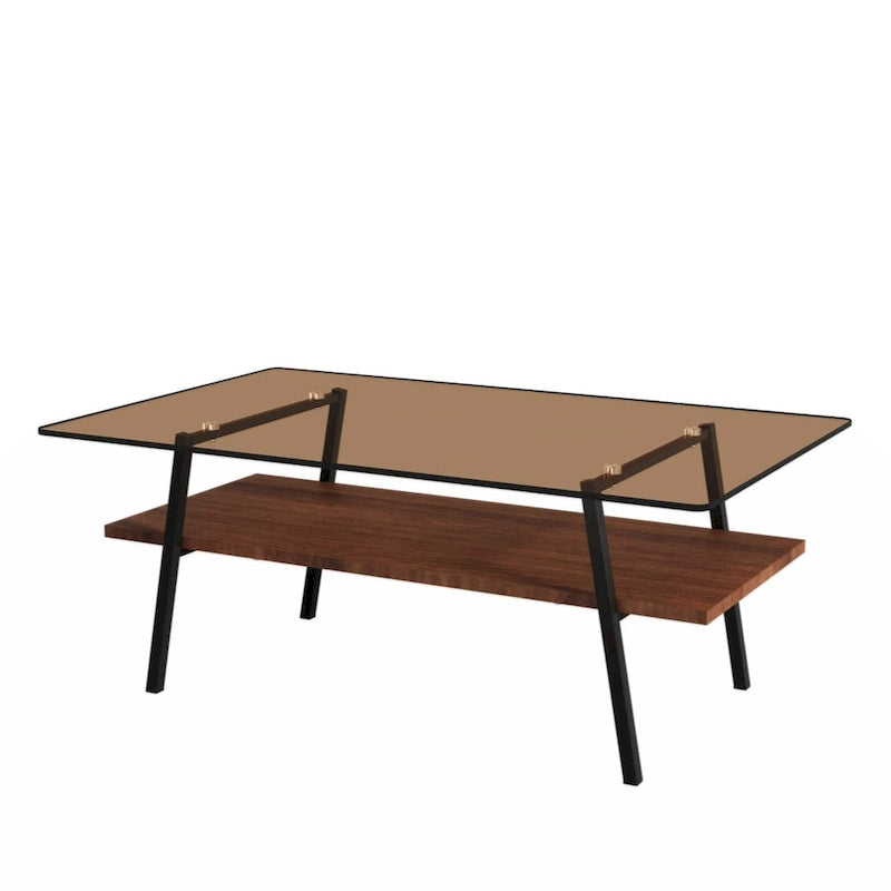 Table basse rectangulaire en verre trempé avec pieds en métal et étagère inférieure en MDF