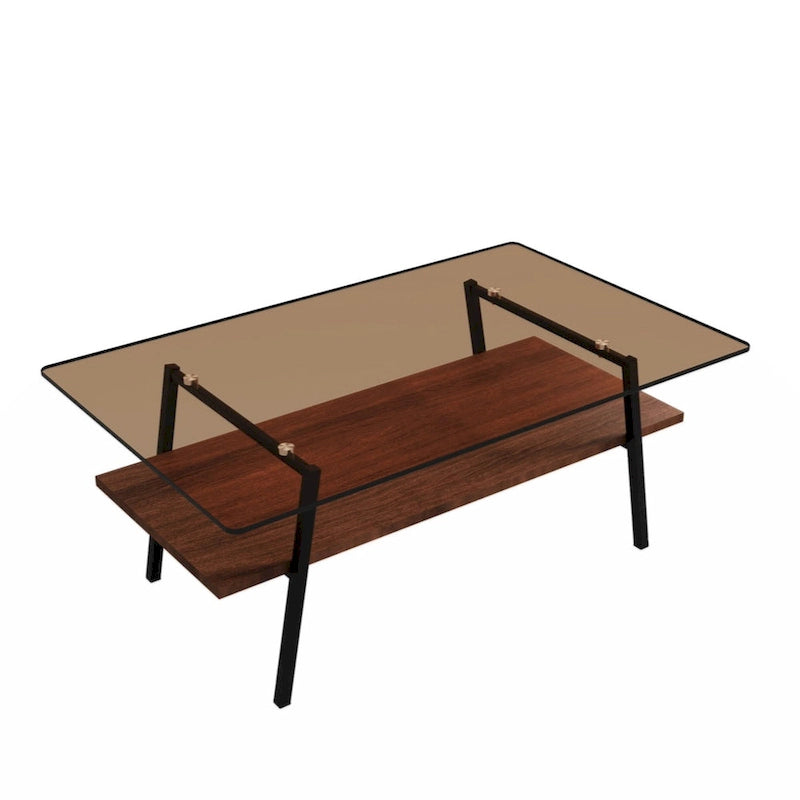 Table basse rectangulaire en verre trempé avec pieds en métal et étagère inférieure en MDF