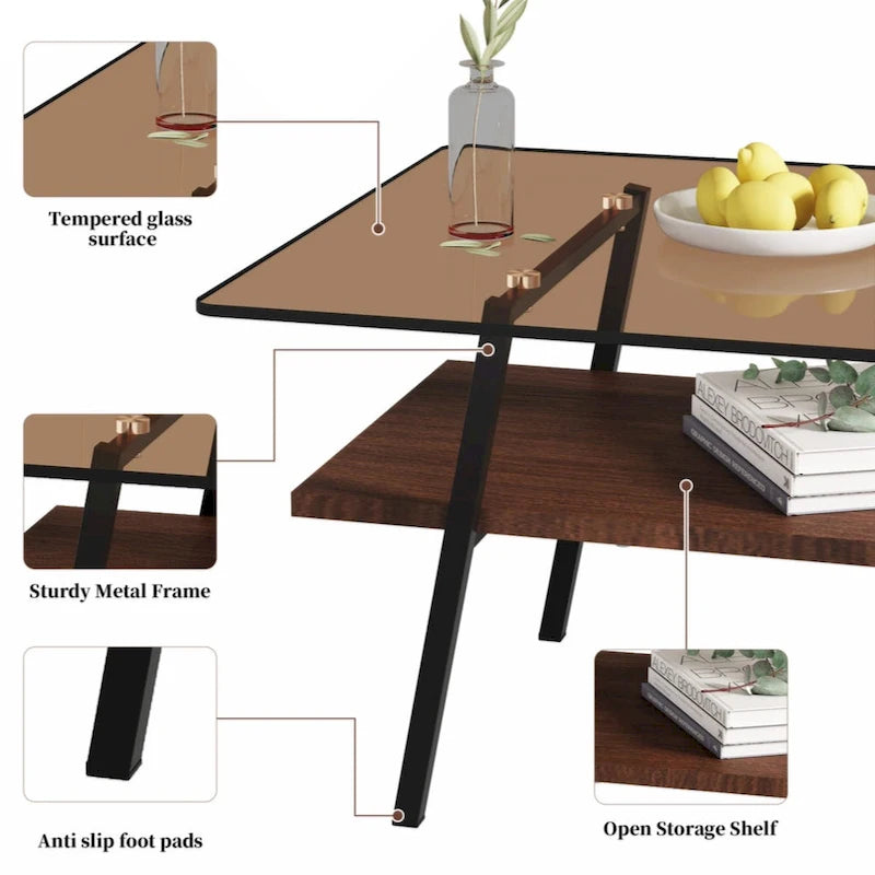 Table basse rectangulaire en verre trempé avec pieds en métal et étagère inférieure en MDF