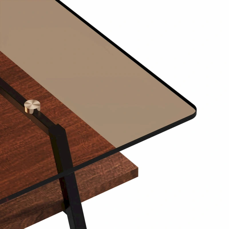 Table basse rectangulaire en verre trempé avec pieds en métal et étagère inférieure en MDF