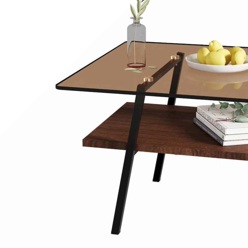 Table basse rectangulaire en verre trempé avec pieds en métal et étagère inférieure en MDF