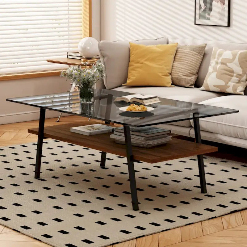 Table basse rectangulaire en verre trempé avec pieds en métal et étagère inférieure en MDF