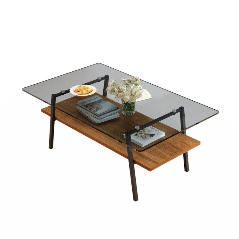 Table basse rectangulaire en verre trempé avec pieds en métal et étagère inférieure en MDF