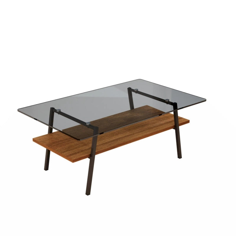 Table basse rectangulaire en verre trempé avec pieds en métal et étagère inférieure en MDF