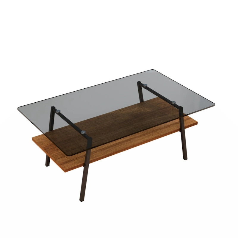 Table basse rectangulaire en verre trempé avec pieds en métal et étagère inférieure en MDF