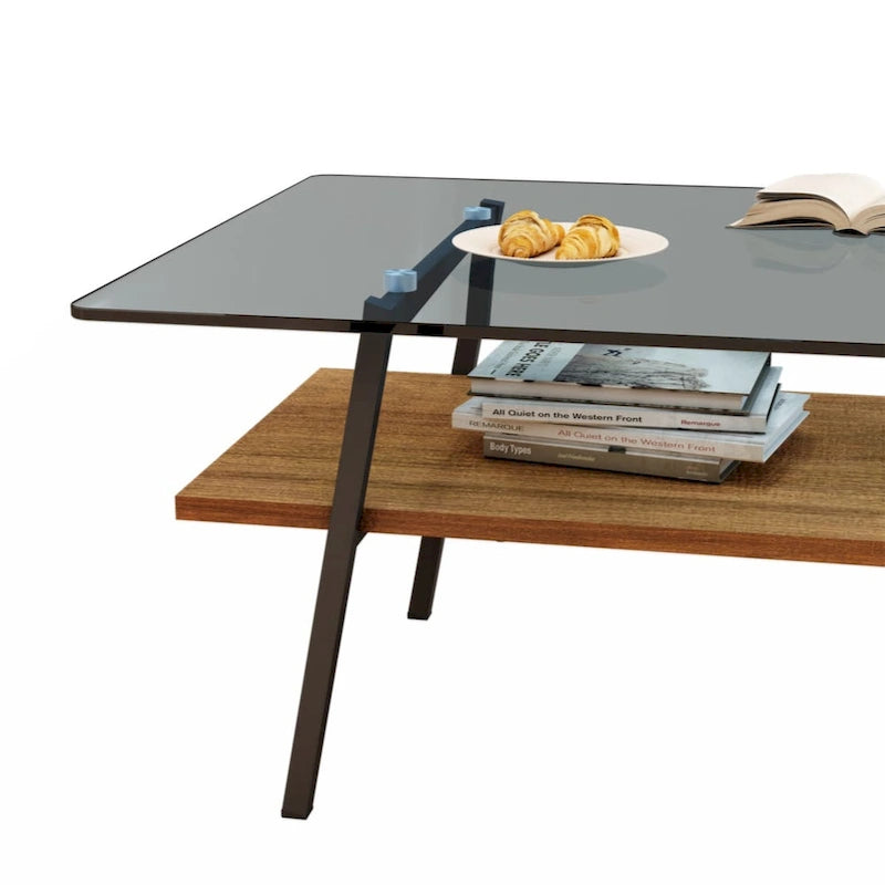 Table basse rectangulaire en verre trempé avec pieds en métal et étagère inférieure en MDF