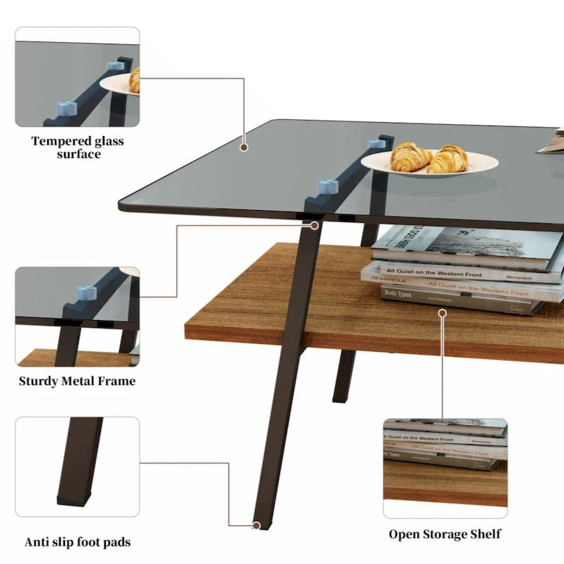 Table basse rectangulaire en verre trempé avec pieds en métal et étagère inférieure en MDF