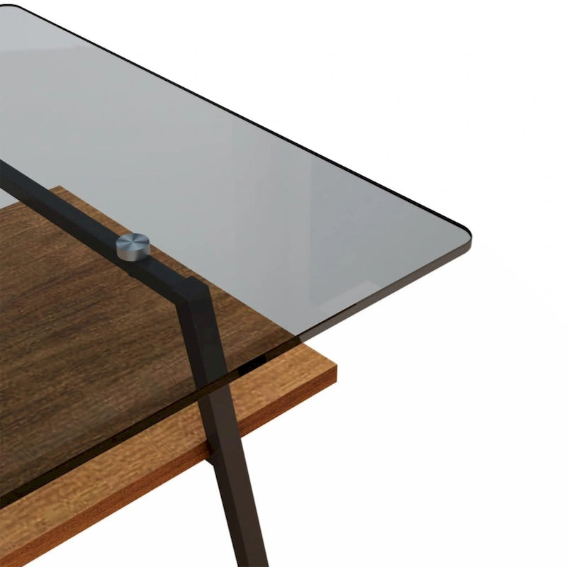 Table basse rectangulaire en verre trempé avec pieds en métal et étagère inférieure en MDF