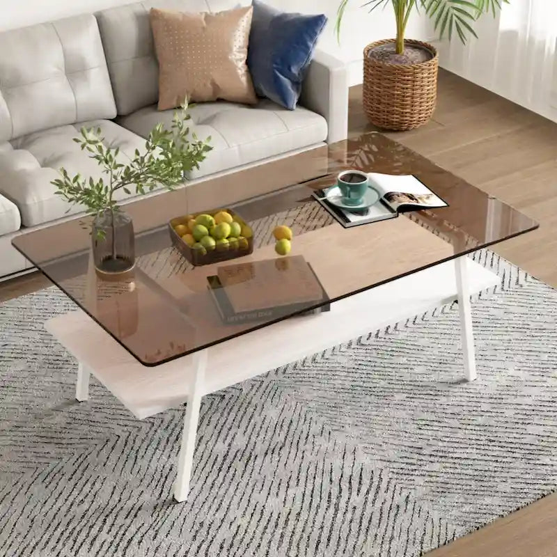 Table basse rectangulaire en verre trempé avec pieds en métal et étagère inférieure en MDF
