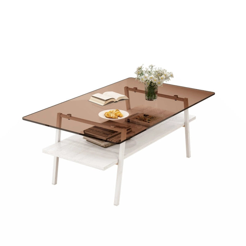 Table basse rectangulaire en verre trempé avec pieds en métal et étagère inférieure en MDF