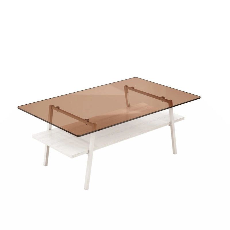Table basse rectangulaire en verre trempé avec pieds en métal et étagère inférieure en MDF