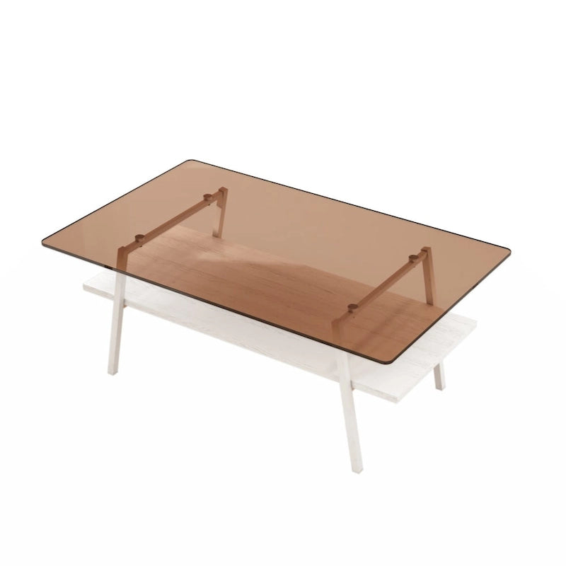 Table basse rectangulaire en verre trempé avec pieds en métal et étagère inférieure en MDF