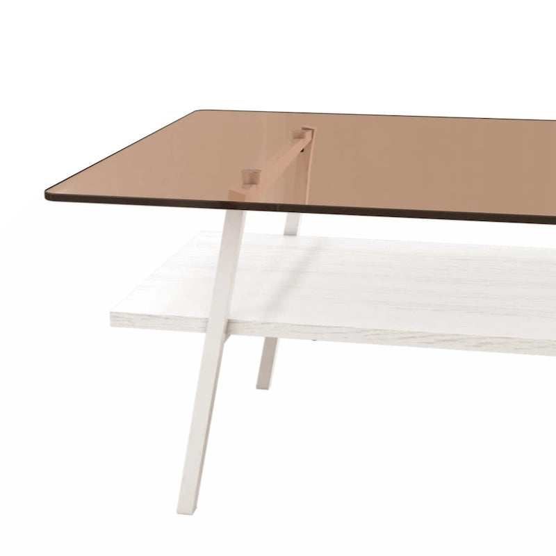 Table basse rectangulaire en verre trempé avec pieds en métal et étagère inférieure en MDF