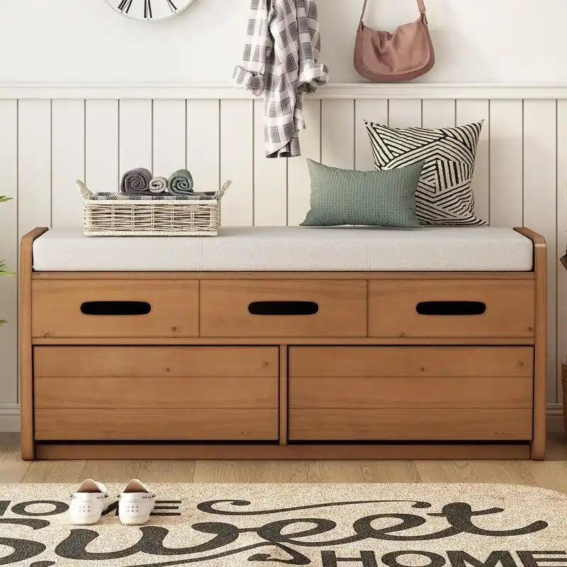 Banc de rangement rustique avec 2 tiroirs coulissants et coussin amovible