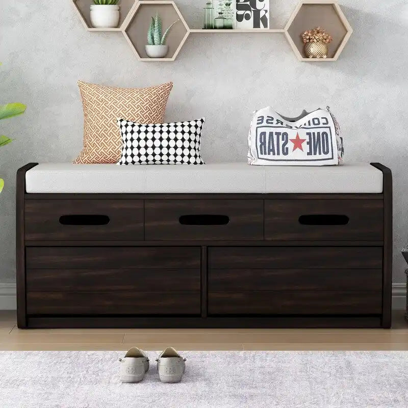 Banc de rangement rustique avec 2 tiroirs coulissants et coussin amovible