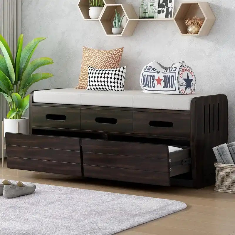 Banc de rangement rustique avec 2 tiroirs coulissants et coussin amovible