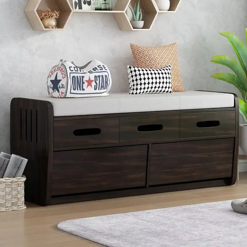 Banc de rangement rustique avec 2 tiroirs coulissants et coussin amovible