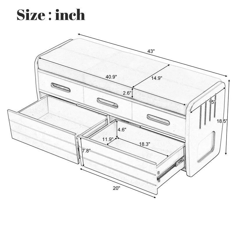 Banc de rangement rustique avec 2 tiroirs coulissants et coussin amovible