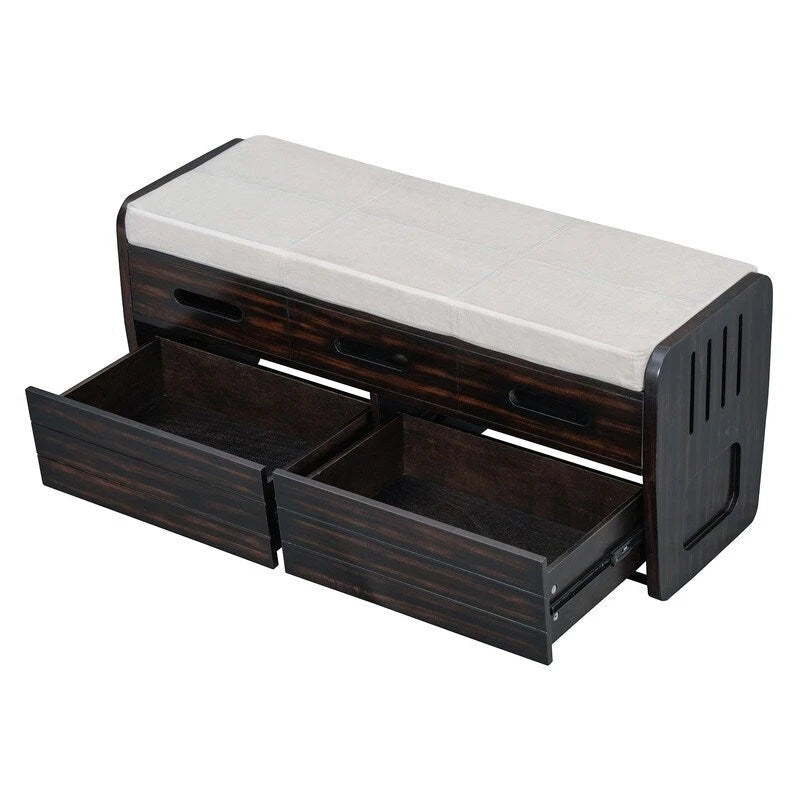 Banc de rangement rustique avec 2 tiroirs coulissants et coussin amovible