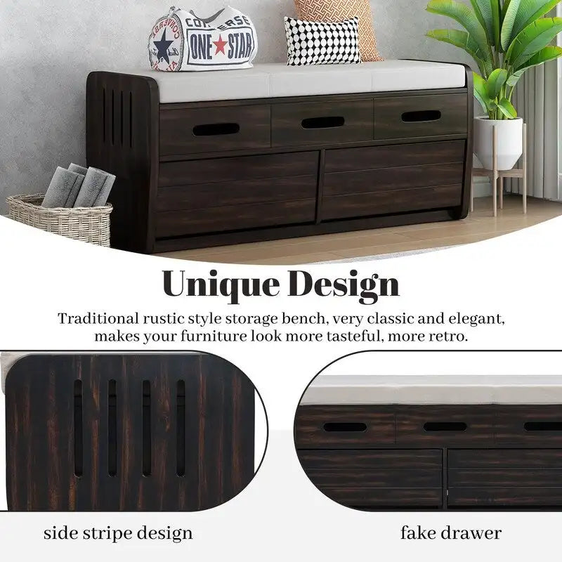 Banc de rangement rustique avec 2 tiroirs coulissants et coussin amovible