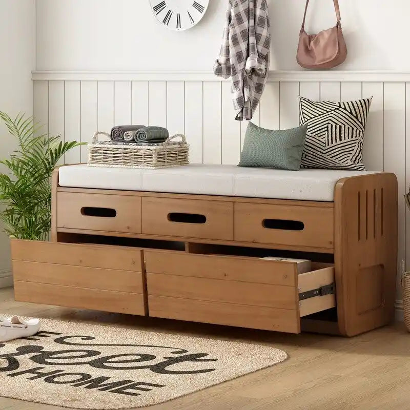 Banc de rangement rustique avec 2 tiroirs coulissants et coussin amovible