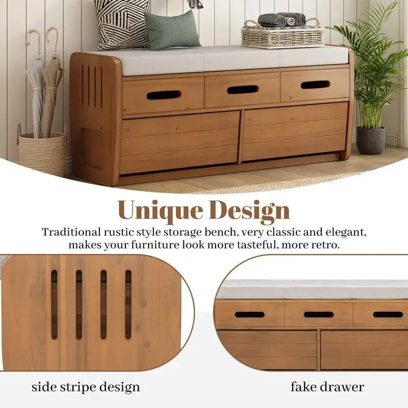 Banc de rangement rustique avec 2 tiroirs coulissants et coussin amovible