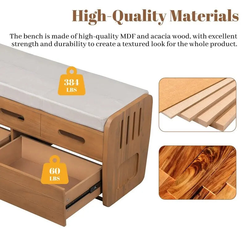 Banc de rangement rustique avec 2 tiroirs coulissants et coussin amovible