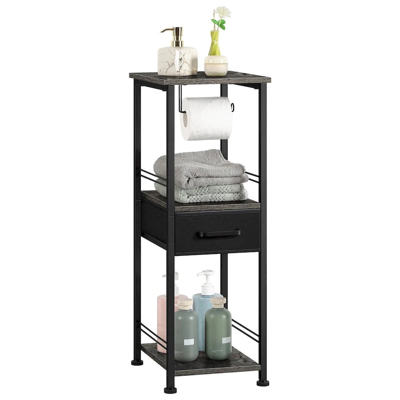 Meuble de rangement 3 niveaux autoportant pour salle de bain avec porte-rouleau de papier toilette et tiroir coulissant