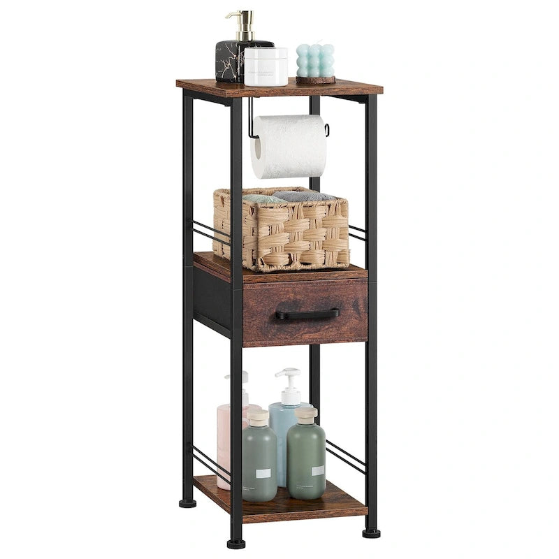 Meuble de rangement 3 niveaux autoportant pour salle de bain avec porte-rouleau de papier toilette et tiroir coulissant