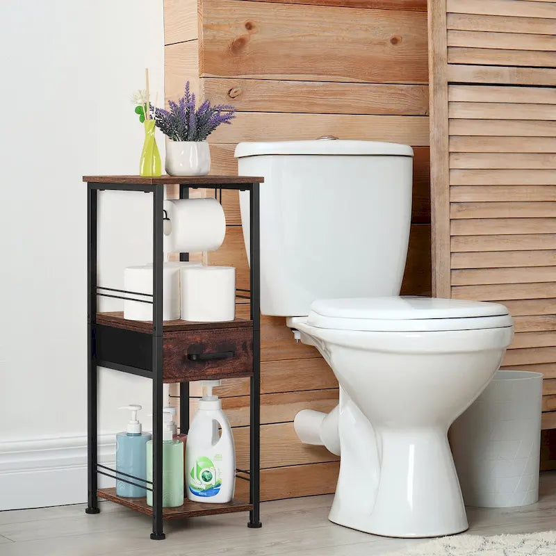 Meuble de rangement 3 niveaux autoportant pour salle de bain avec porte-rouleau de papier toilette et tiroir coulissant