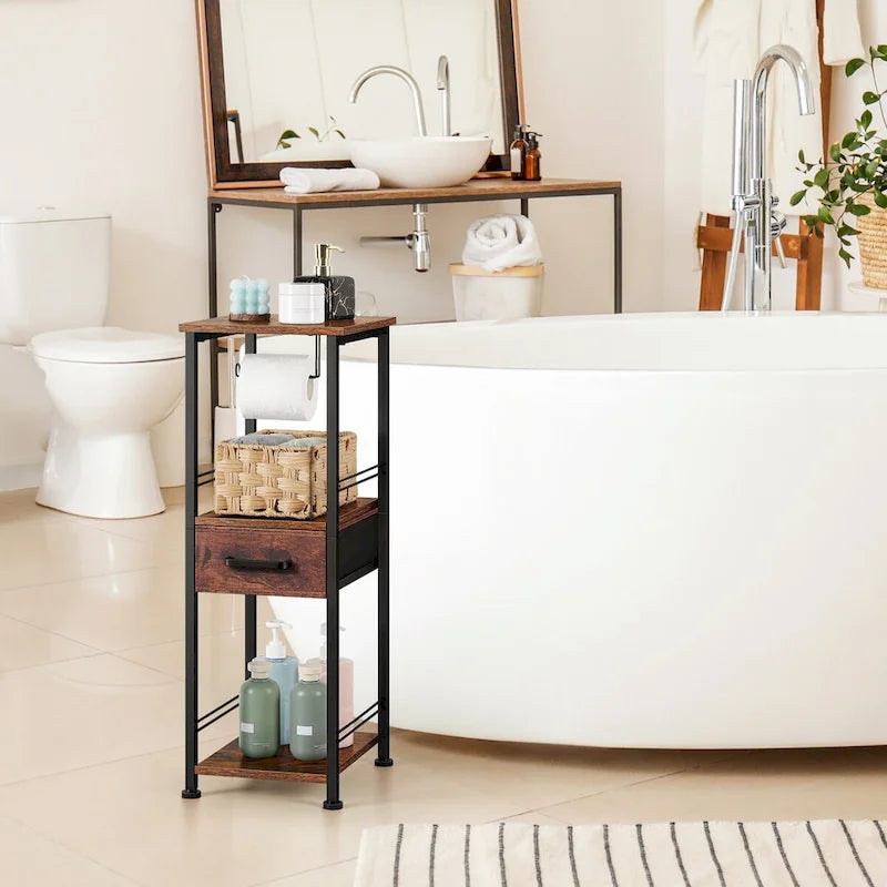 Meuble de rangement 3 niveaux autoportant pour salle de bain avec porte-rouleau de papier toilette et tiroir coulissant