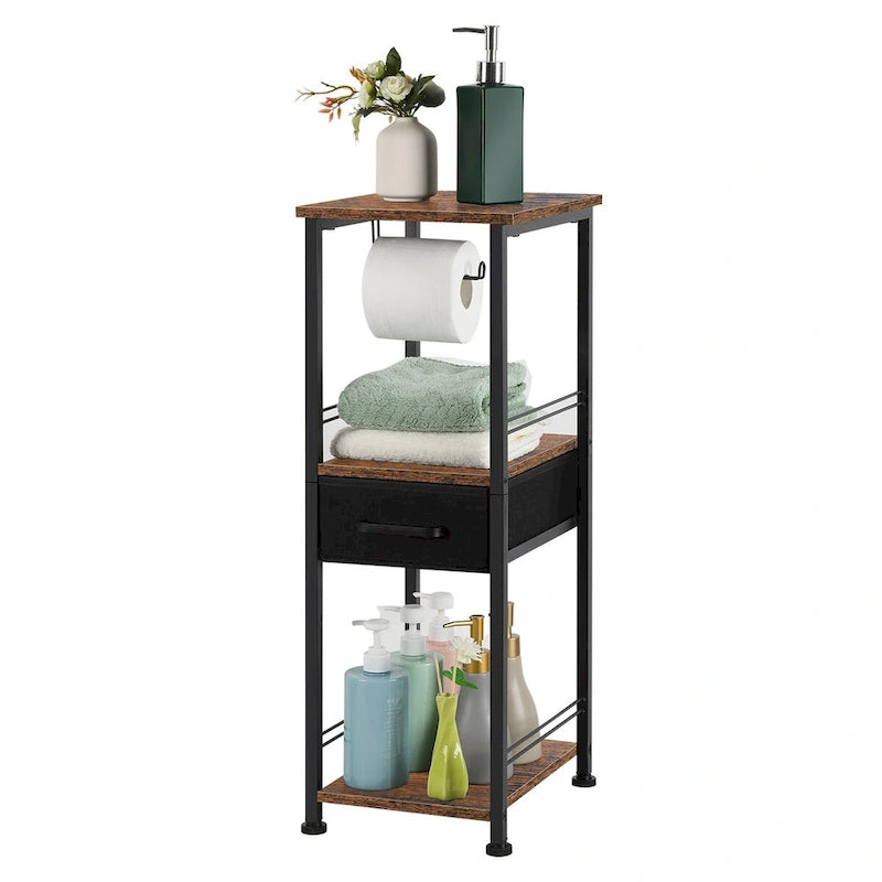 Meuble de rangement 3 niveaux autoportant pour salle de bain avec porte-rouleau de papier toilette et tiroir coulissant
