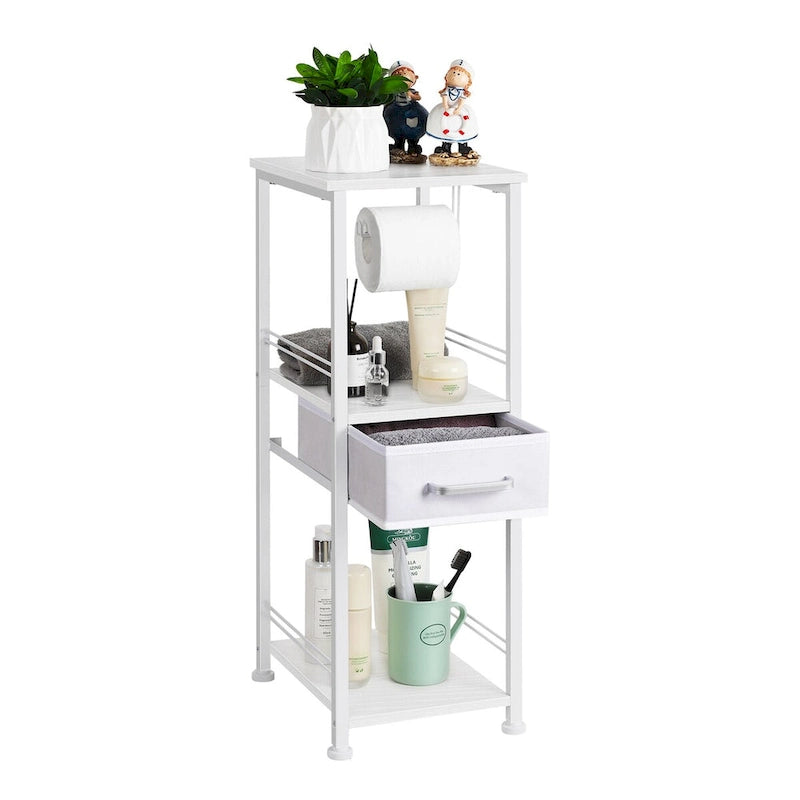 Meuble de rangement 3 niveaux autoportant pour salle de bain avec porte-rouleau de papier toilette et tiroir coulissant