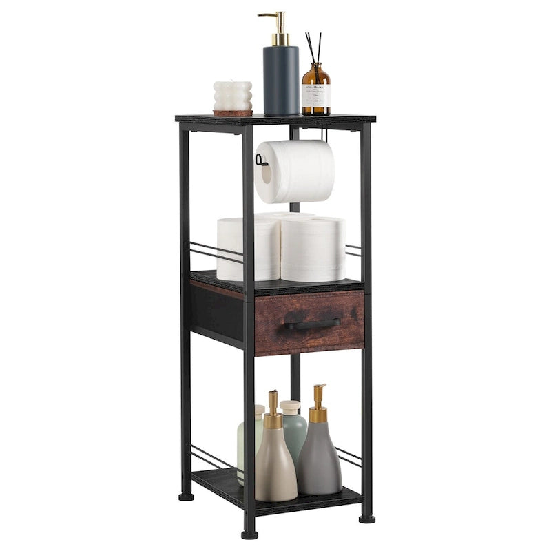 Meuble de rangement 3 niveaux autoportant pour salle de bain avec porte-rouleau de papier toilette et tiroir coulissant