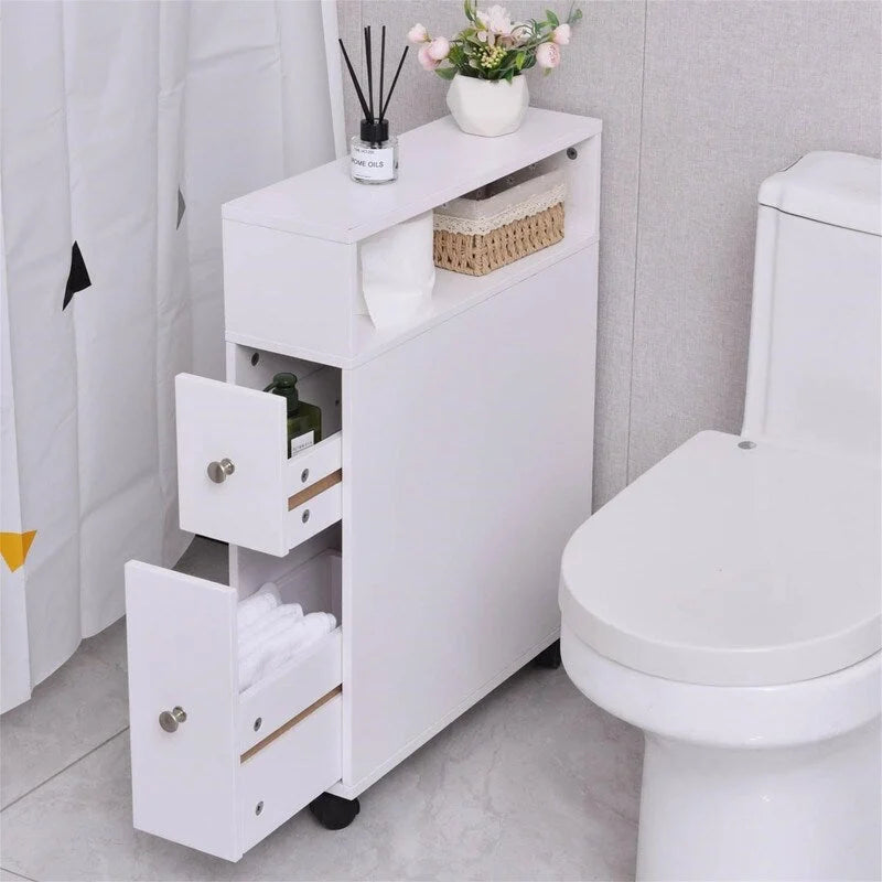 Meuble de rangement de salle de bain fin avec 2 tiroirs coulissants et étagère ouverte