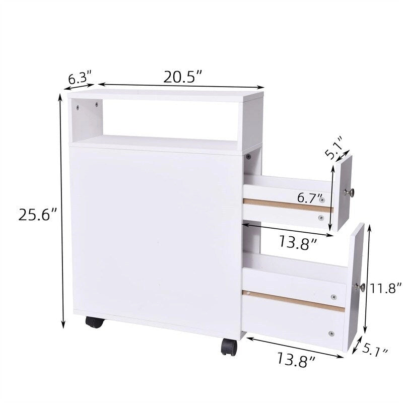 Meuble de rangement de salle de bain fin avec 2 tiroirs coulissants et étagère ouverte