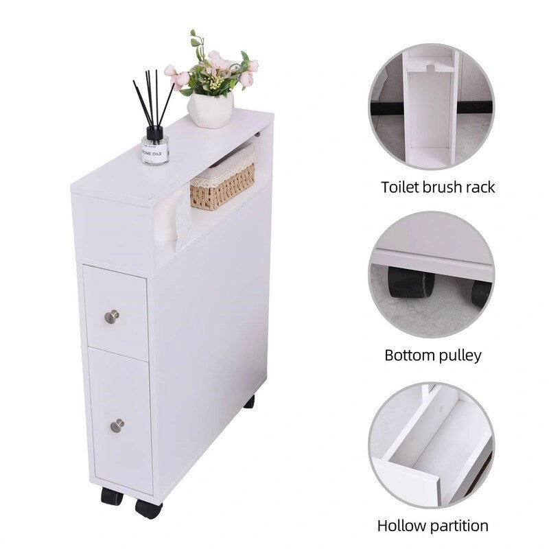 Meuble de rangement de salle de bain fin avec 2 tiroirs coulissants et étagère ouverte